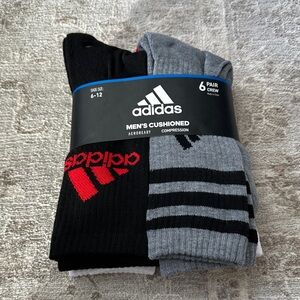 Adidas 6 Pair Athletic Crew Socks - 2 Black, 1 Gray, 2 White, and 1 Red. NWT’s.
